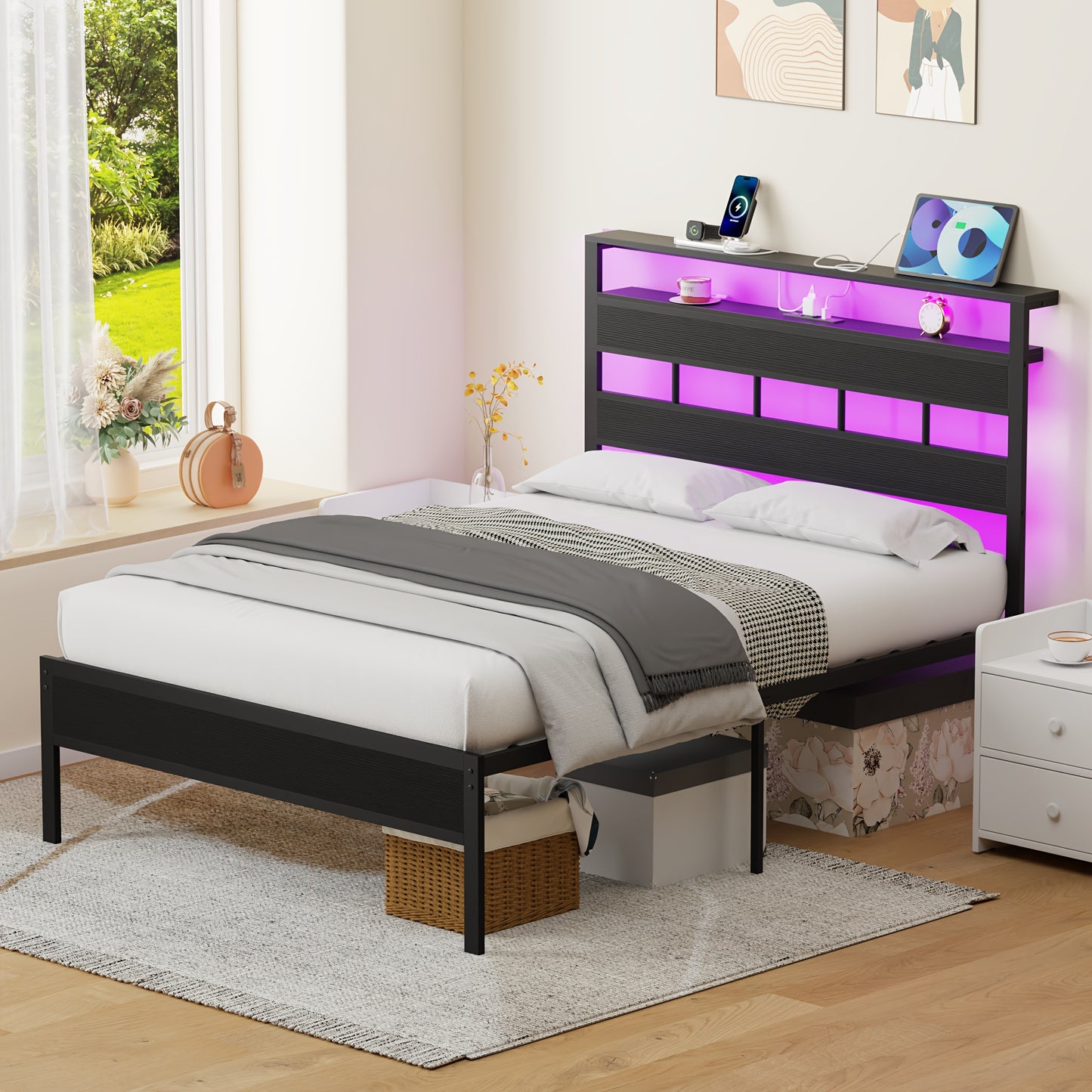 Queen Size Platform Bed Frame with RGB LED Lights, USB Charging Station & Storage Headboard, Modern Smart Bed with Under Bed Storage, Noise-Free, Easy Assembly