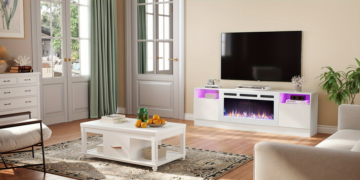 Fireplace TV Stand With 36" Electric Fireplace, Modern Electric Fireplace Entertainment Center With LED Lights For TVs Up To 80", 2 Tier TV Console Cabinet For Living Room, White