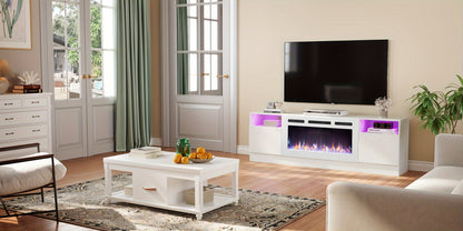 Fireplace TV Stand With 36" Electric Fireplace, Modern Electric Fireplace Entertainment Center With LED Lights For TVs Up To 80", 2 Tier TV Console Cabinet For Living Room, White