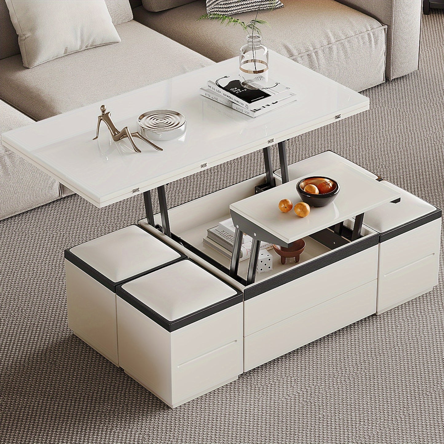 Extendable Coffee Table - 4 Storage Stools & Lift Top