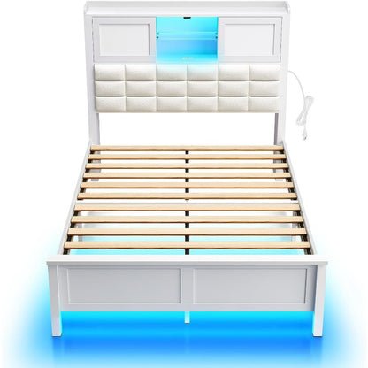 Greenstell Bed Frame Twin/Full/Queen Size with Charging Station, Bookcase Headboard Bed with LED Light and Sliding Doors, Platform Bed with Wooden Slats, No Box Spring Needed, Noise Free