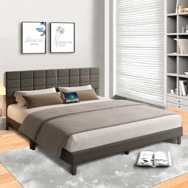 Twin/Full/Queen/King Size Platform Bed Frame with Fabric Upholstered Headboard and Wooden Slats Support, Leather Upholstered Headboard, and Built-in Charging Station, Upholstered Mattress Foundation/No Box Spring Needed/Easy
