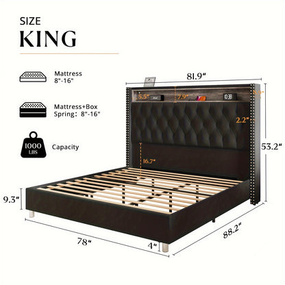 PaPaJet LED Bed Frame with Charging Ports Velvet Upholstered Bed Frame with Button Tufting Headbord