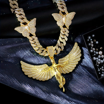 Glamorous Rhinestone Angel Winged Goddess Pendant Necklace with Butterfly - Unisex Zinc Alloy Cuban Chain for Party, Street Style, Night Club - Hip Hop Rapper Jewelry, Thanksgiving and Christmas Gift