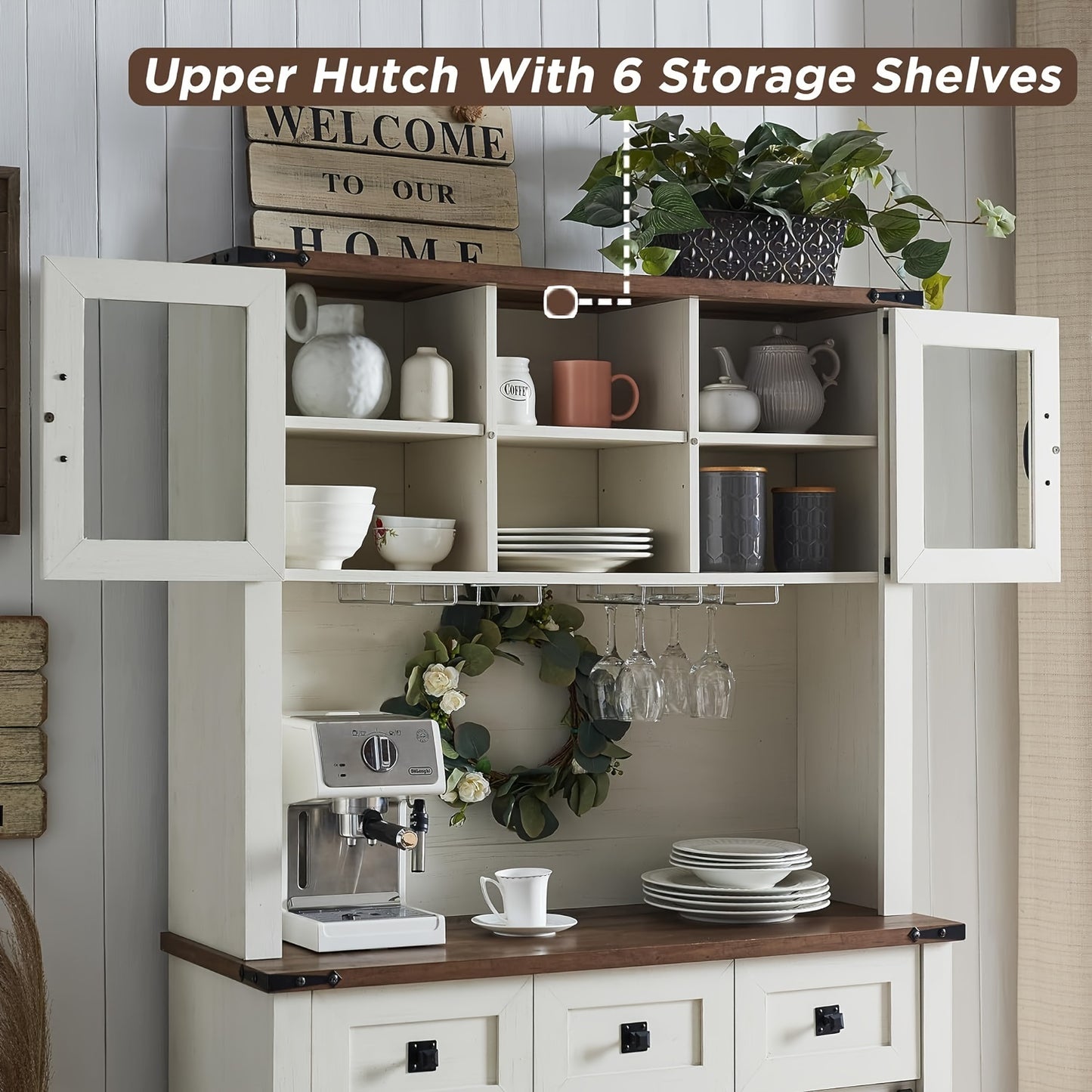72" Farmhosue Bar Cabinet With Sliding Barn Door, Large Kitchen Buffet With Hutch W/Wine & Glasses Rack, 3 Drawers, 12 Storage Shelves, Rustic Coffee Bar Sideboard Table
