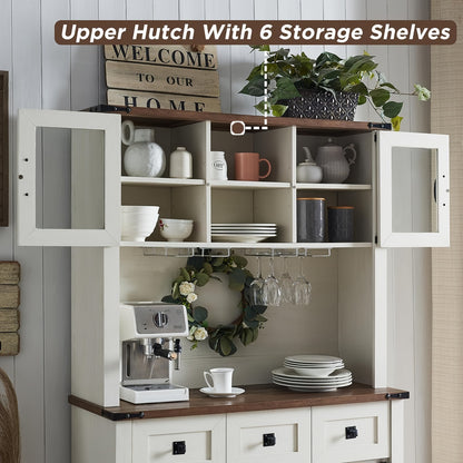72" Farmhosue Bar Cabinet With Sliding Barn Door, Large Kitchen Buffet With Hutch W/Wine & Glasses Rack, 3 Drawers, 12 Storage Shelves, Rustic Coffee Bar Sideboard Table