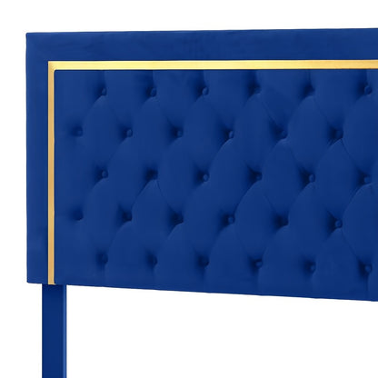 IndustraGear Queen Size Bed Frame with 51. 52Inch Tall Button Tufted Headboard, Velvet Upholstered Platform Bed Frame with Golden Trim, Modern Bed Frame/ No Box Spring Required/ Blue