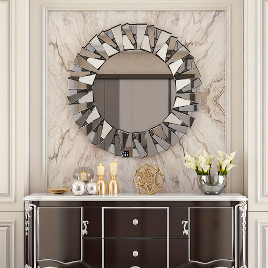 Round Decorative Mirror Wall 32 inch Large Silver Vanity with Beveled Glass Frame Edge and Back for Modern Home Mirrored Art Accent Decor Bathroom Bedroom Living Room