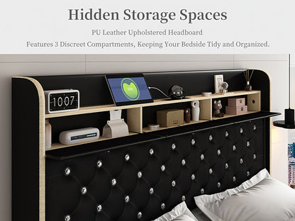 Queen Led Bed Frame With Galaxy Aurora Star Projector, Full Size Platform Bed With 2 Removable Storage Drawers, 52" Crystal Button Tufted Upholstered Headboard King Bed With Charging Station, Noise Free, No Box Spring Needed,