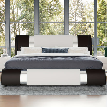 WEEWAY Bed Frame With Modern Iron Pieces Decor, Faux Leather Platform Bed With Curved Adjustable Headboard, Wood Slat Support, No Box Spring Required