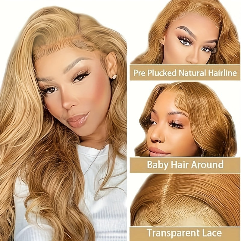 13x6 Ombre Honey Blonde Lace Front Wigs Human Hair, 27# Frontal Wigs Pre Plucked Bleached Knots Transparent Lace Front Wig Human Hair For Women Glueless Human Hair Wig