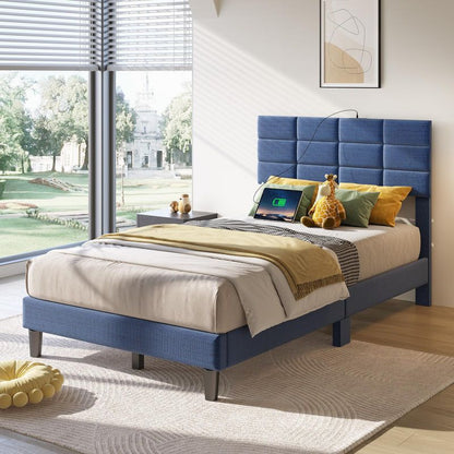 Twin/Full/Queen/King Size Platform Bed Frame with Fabric Upholstered Headboard and Wooden Slats Support, Leather Upholstered Headboard, and Built-in Charging Station, Upholstered Mattress Foundation/No Box Spring Needed/Easy