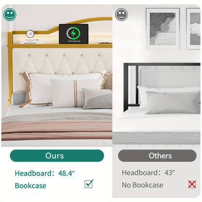 Queen Bed Frame with LED Lights, Platform Upholstered Bed with 4 Storage Drawers and Charging Station, Crystal Button- Tufted Headboard Footboard, No Box Spring Needed- White