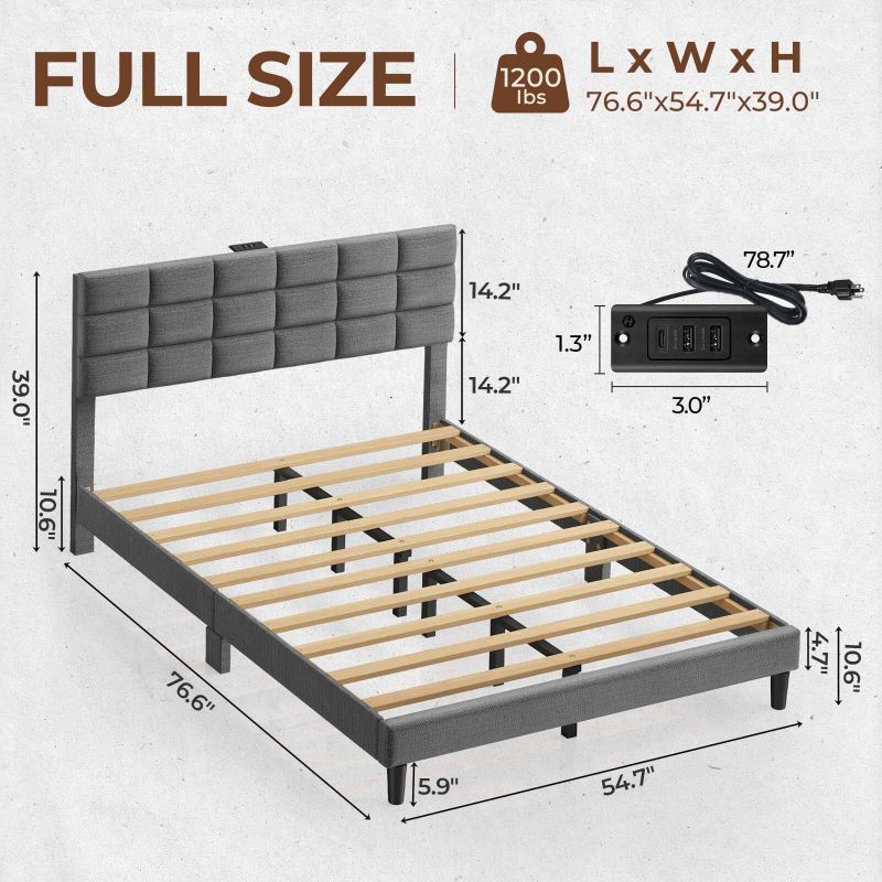 Twin/Full/Queen/King Size Platform Bed Frame with Fabric Upholstered Headboard and Wooden Slats Support, Leather Upholstered Headboard, and Built-in Charging Station, Upholstered Mattress Foundation/No Box Spring Needed/Easy