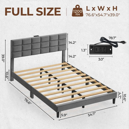 Twin/Full/Queen/King Size Platform Bed Frame with Fabric Upholstered Headboard and Wooden Slats Support, Leather Upholstered Headboard, and Built-in Charging Station, Upholstered Mattress Foundation/No Box Spring Needed/Easy