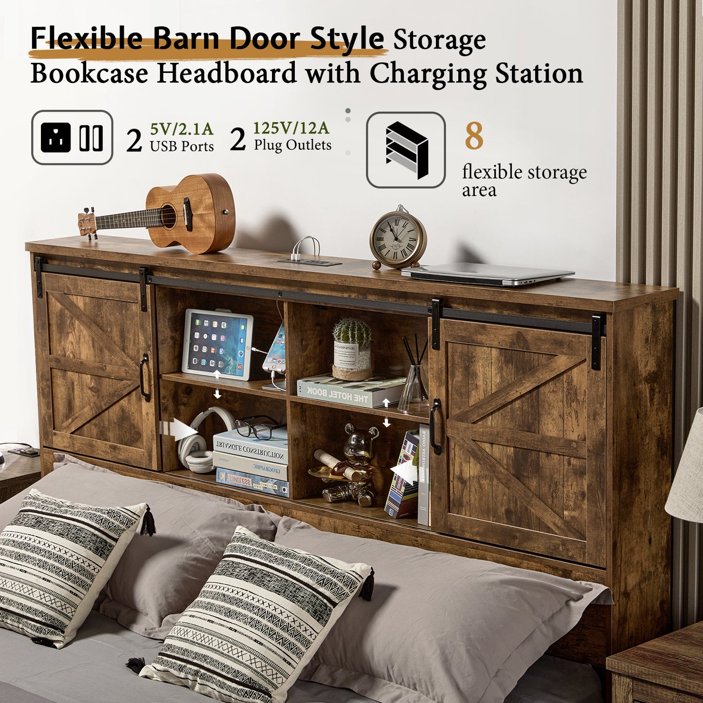 Farmhouse-Style Wooden Platform Bed Frame Boasting a 51.2" Bookcase Headboard, Integrated Storage with a Sliding Barn Door Charging Station and 2 Drawers - No Box Spring Required, Totally Noise-Free