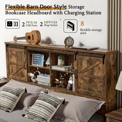 Farmhouse-Style Wooden Platform Bed Frame Boasting a 51.2" Bookcase Headboard, Integrated Storage with a Sliding Barn Door Charging Station and 2 Drawers - No Box Spring Required, Totally Noise-Free