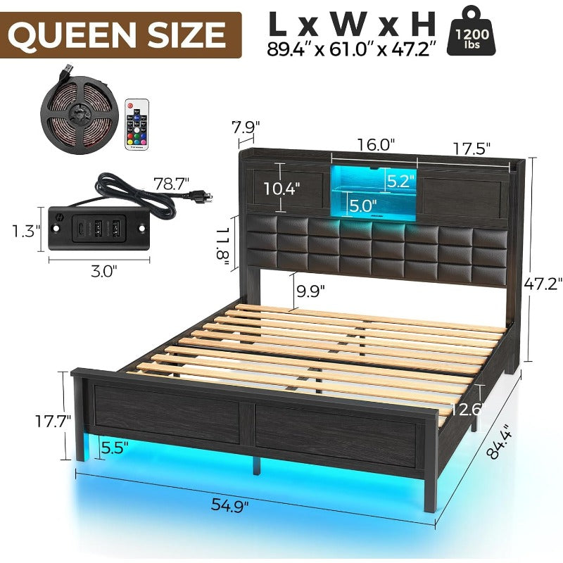 Greenstell Bed Frame Twin/Full/Queen Size with Charging Station, Bookcase Headboard Bed with LED Light and Sliding Doors, Platform Bed with Wooden Slats, No Box Spring Needed, Noise Free