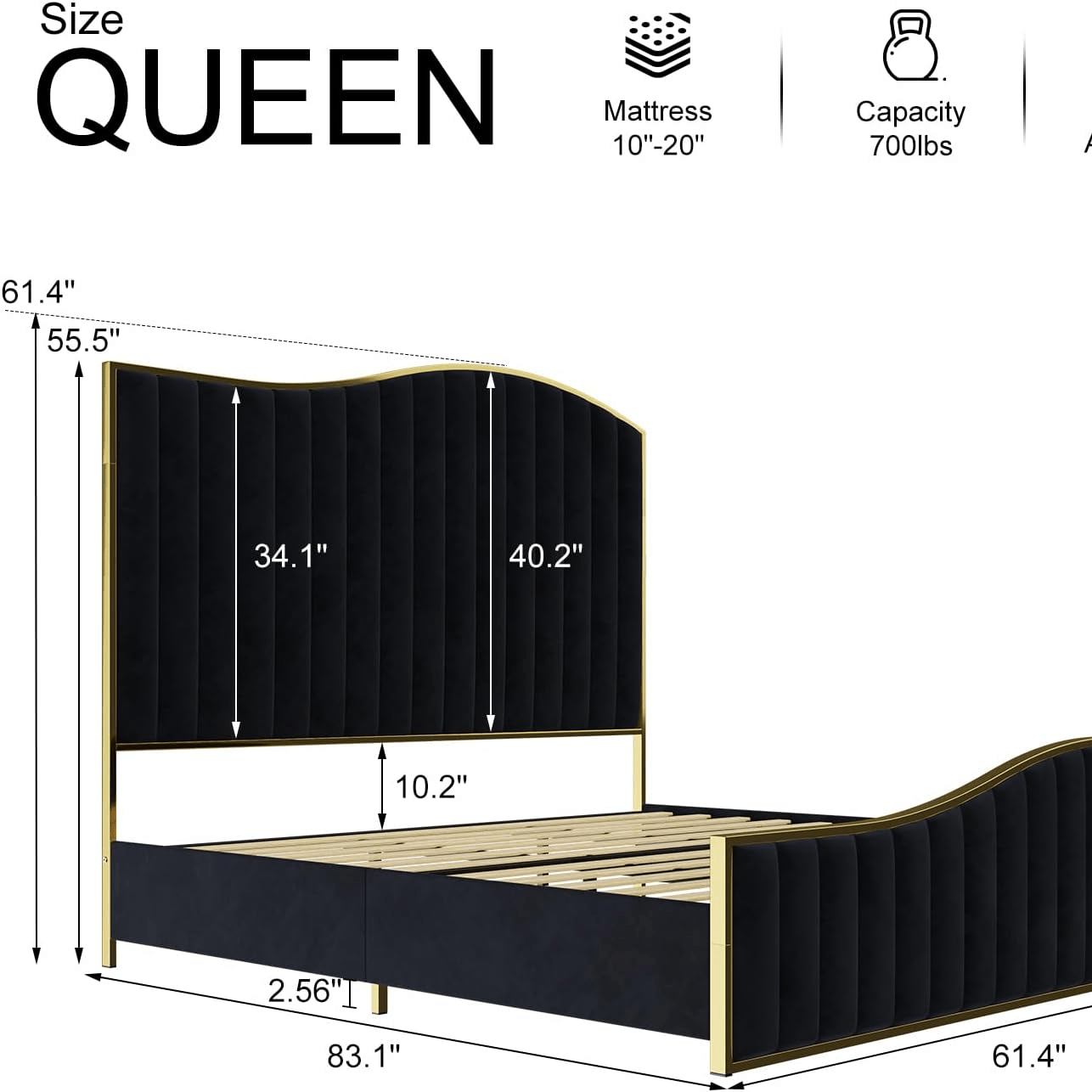 Velvet Bed Frame, 61.4" High Headboard Platform Bed Velvet Upholstered with Gold Trim & Footboard, Black