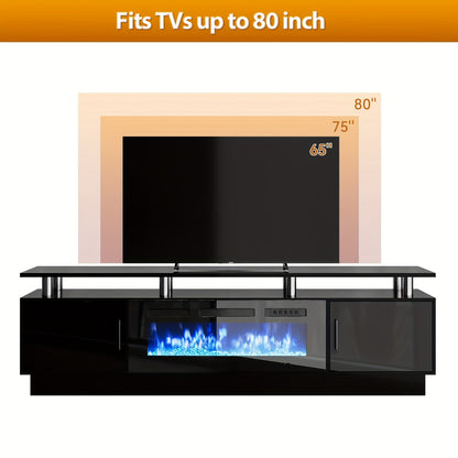 70"/80" Modern Electric Fireplace TV Stand For TVs Up To 80 Inch, With Electronic Flame And LED Lights, Luxury High Gloss Finish Entertainment Center For Living Room, Black