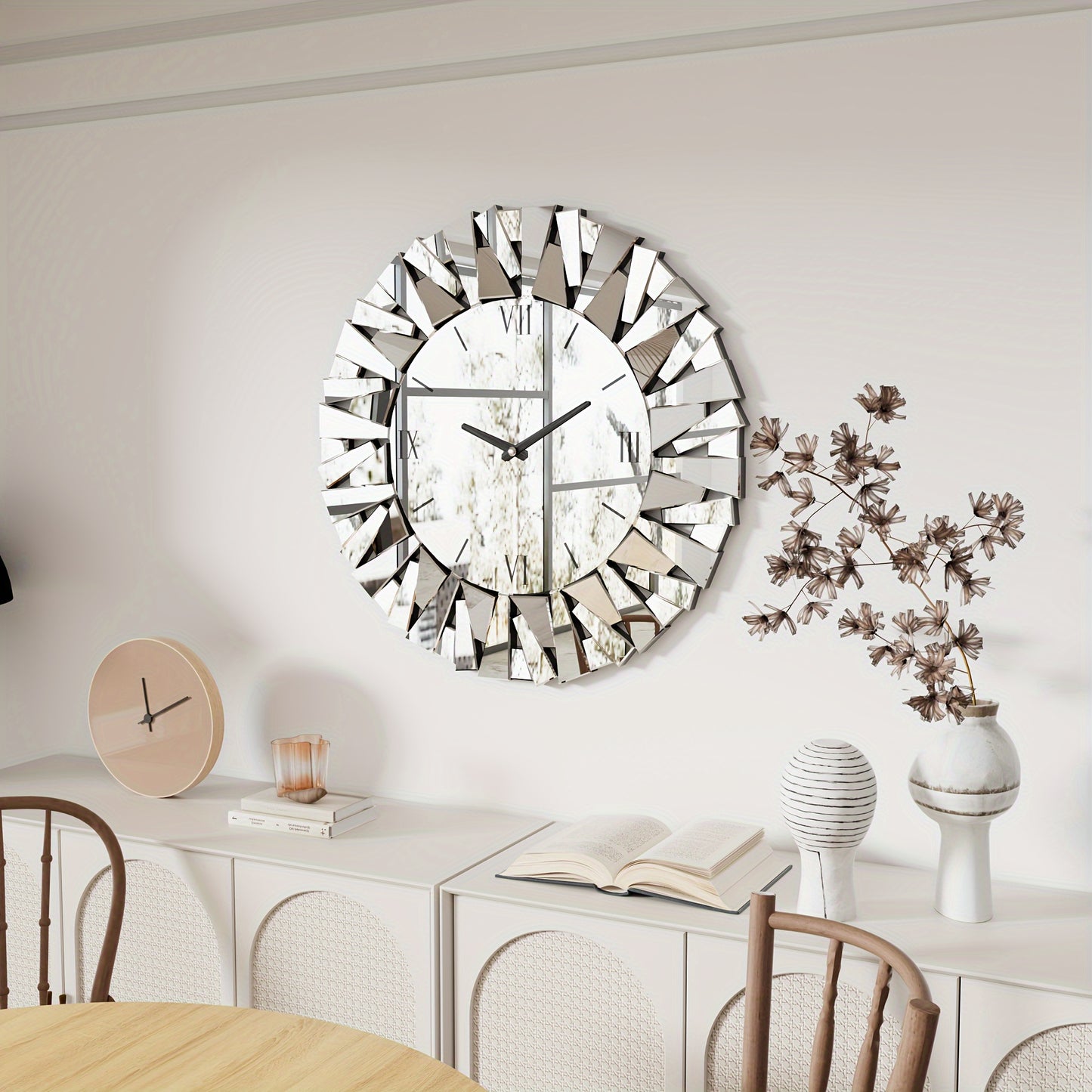 32 Inch Modern Decorative Mirrored Wall Clock Round Wall-Mounted Mirror Wall Clock With Beveled Glass Edge