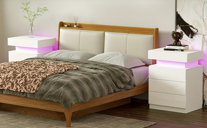 Nightstand with LED Lights, 3 Drawers and 1 Flapping Top Storage Box, White Night Stand for Bedroom, Modern Tall Bedside Table with High Gloss Panel, Glacier White, Darknight Black