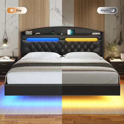 King Size Floating Bed Frame with LED Lights and Charging Station, Upholstered Leather Platform King Bed Frame with Hidden Storage Headboard, No Box Spring Needed, Black PU