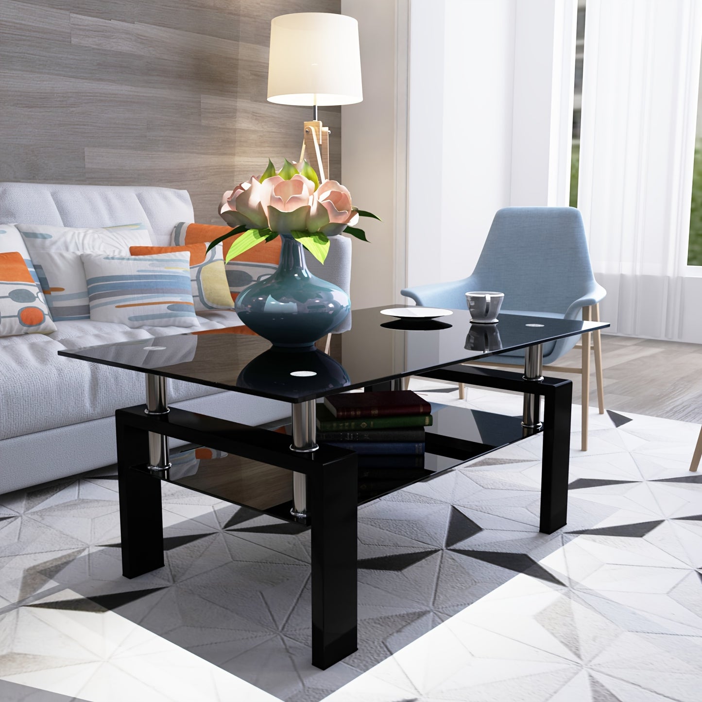 Rectangle Black Glass Coffee Table, Clear Coffee Table, Modern Side Center Tables for Living Room, Living Room Furniture