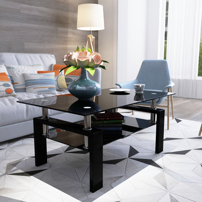 Rectangle Black Glass Coffee Table, Clear Coffee Table, Modern Side Center Tables for Living Room, Living Room Furniture