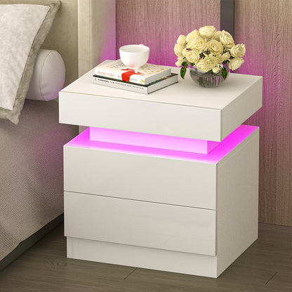 Nightstand with LED Lights, 3 Drawers and 1 Flapping Top Storage Box, White Night Stand for Bedroom, Modern Tall Bedside Table with High Gloss Panel, Glacier White, Darknight Black