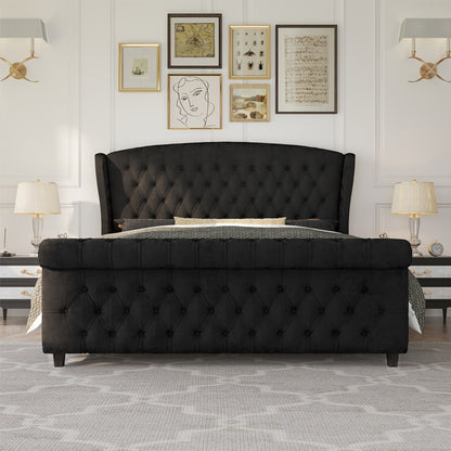 Platform Bed Frame, Chenille Upholstered Sleigh Bed with Scroll Wingback Headboard & Footboard/Button Tufted/No Box Spring Required/