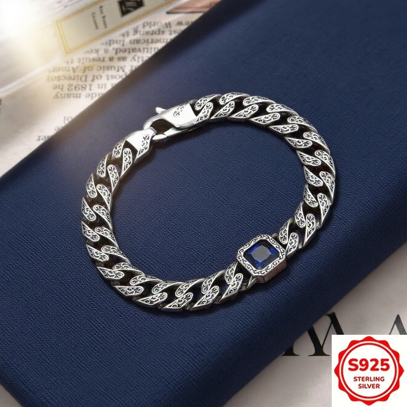 1pc S925 925 Silvery Plated-plated Men's bracelet, vintage style, with Arabic patterns, hypoallergenic, available in blue, green, and black, unique design, fashionable and versatile, suitable for both men and women, simple de