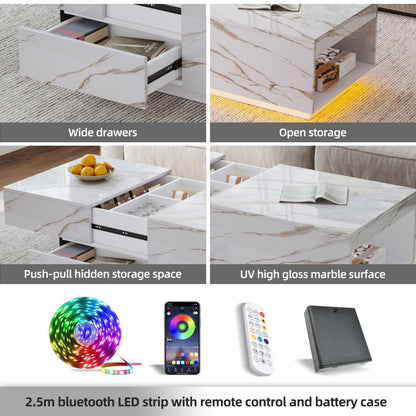 LED Coffee Table, 43" UV High Gloss Modern Center Table With 2 Drawers & Hidden Storage Compartment & Open Compartments, Modern Extendable Cocktail Table (Marble Black Or White)