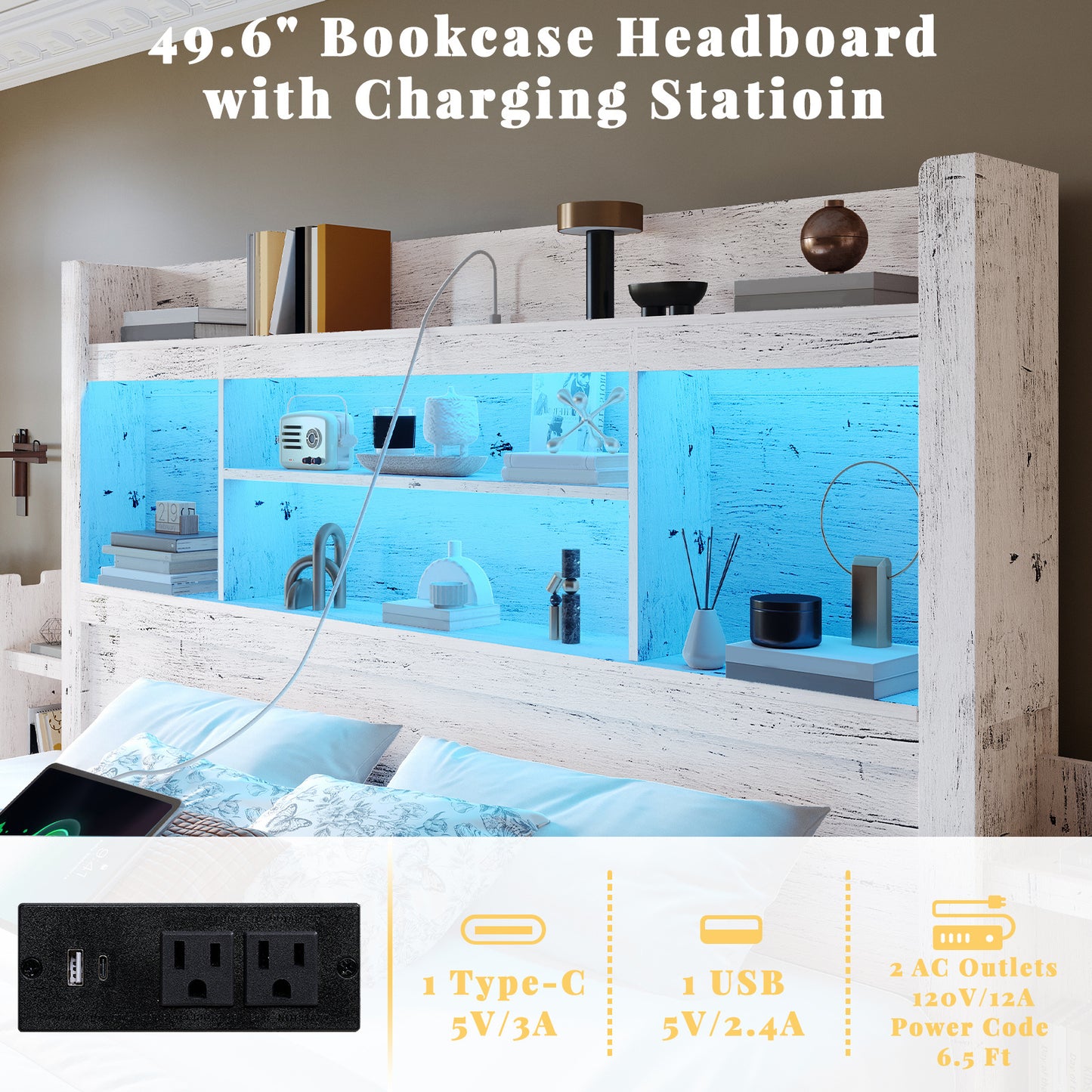 PAPABABE Bed Frame Featuring a 49.6-Inch Bookcase Headboard, Four Drawers, And Two Removable Storage Racks - a Farmhouse-Style Wooden Bed Frame Equipped with RGB LED Lights And a Charging Station, No Box Spring Required.