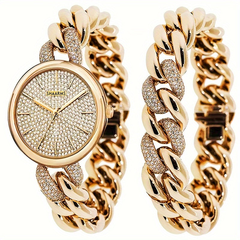 2 Pcs New Fashion Retro Golden Quartz Watch + Simple Rhinestone Bracelet Set, Classic Gift for Friends