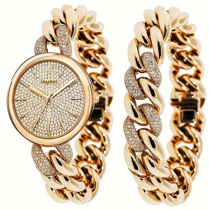 2 Pcs New Fashion Retro Golden Quartz Watch + Simple Rhinestone Bracelet Set, Classic Gift for Friends
