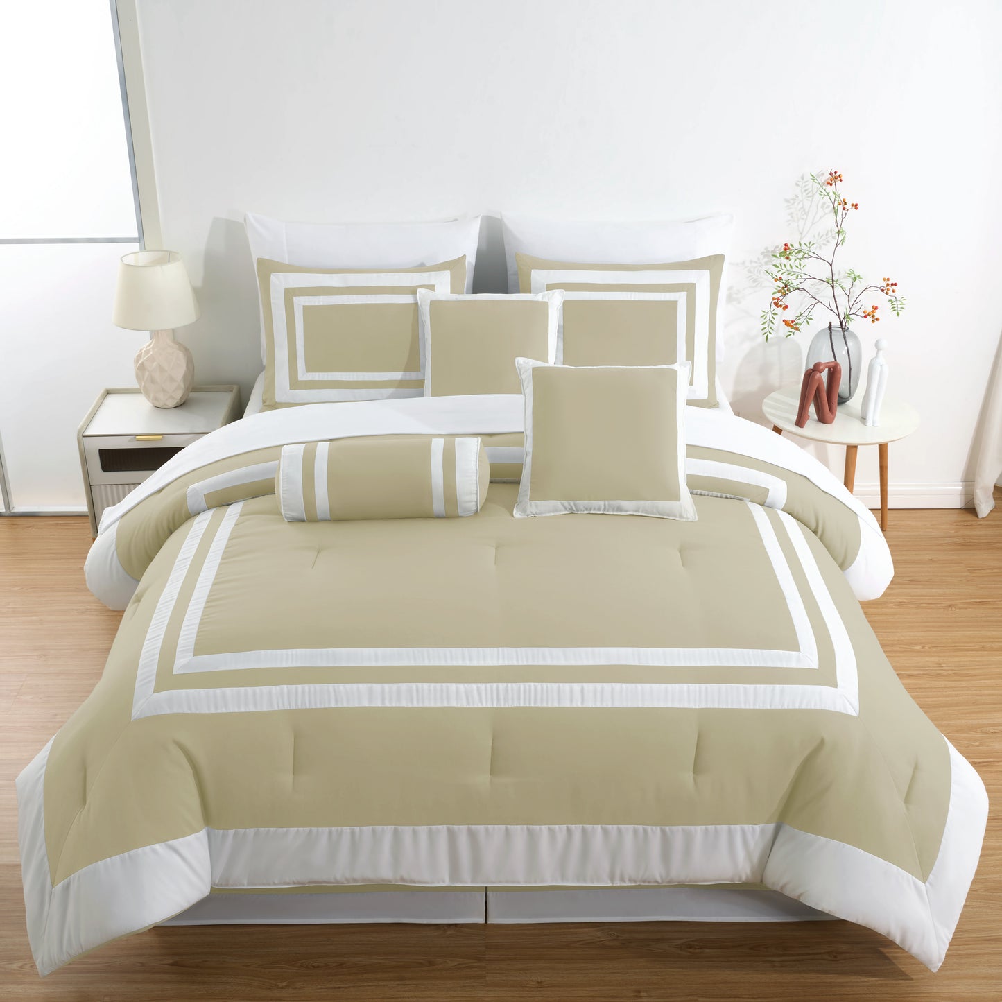 Caprice 7-Piece Modern Hotel Style Square Pattern Comforter Set with Decorative Pillows, Cal King/King/Queen/Full Size