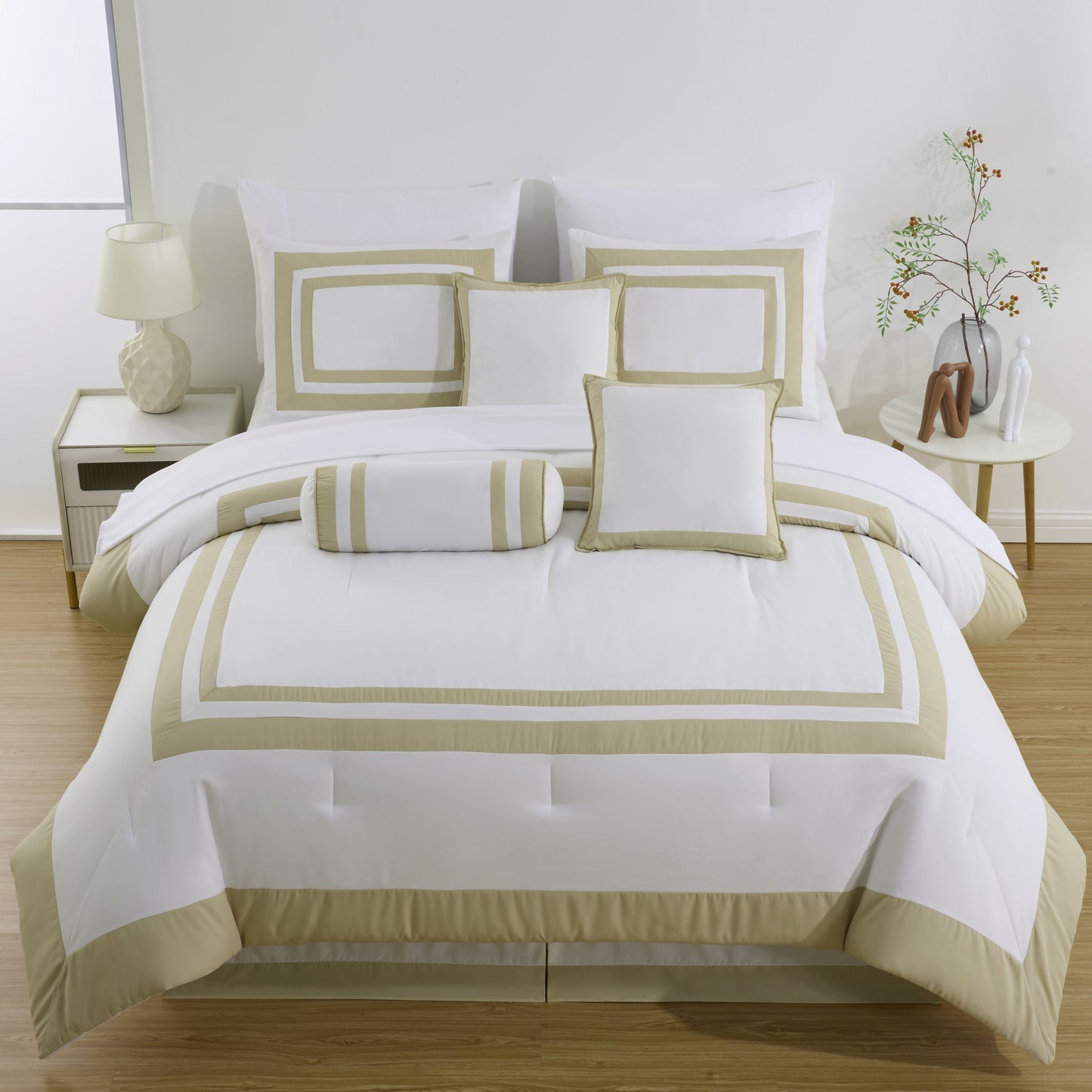 Caprice 7-Piece Modern Hotel Style Square Pattern Comforter Set with Decorative Pillows, Cal King/King/Queen/Full Size