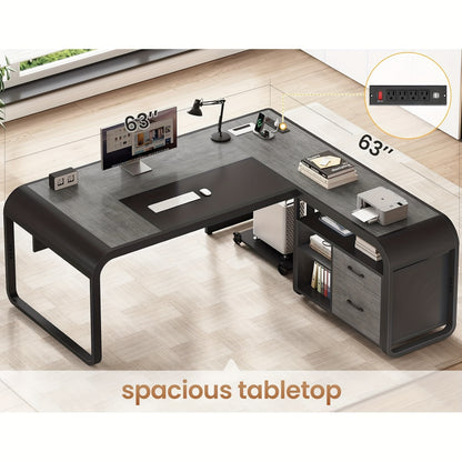 Modern 63" L-Shaped Executive Desk with Mobile CPU Stand, File Cabinet & Drawers - Spacious Gray Metal Office Desk for Home, Workspace Storage & Charging Station, Adjustable Height, Minimalist Design, Workspace Furniture | Mo