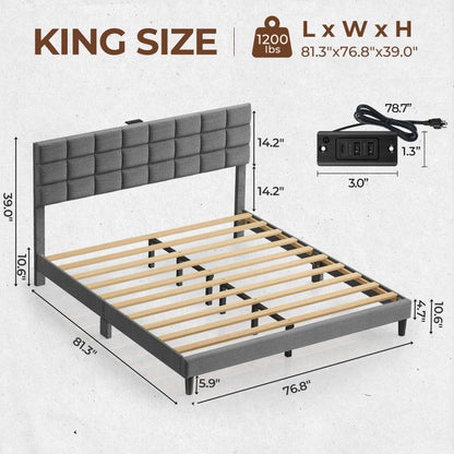 Twin/Full/Queen/King Size Platform Bed Frame with Fabric Upholstered Headboard and Wooden Slats Support, Leather Upholstered Headboard, and Built-in Charging Station, Upholstered Mattress Foundation/No Box Spring Needed/Easy