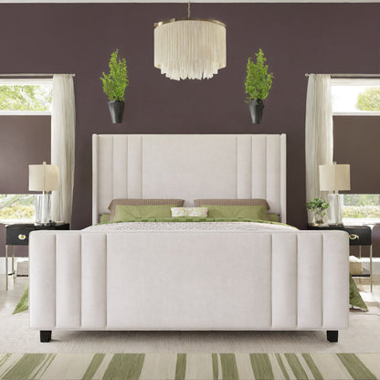 Velvet Upholstered Platform Bedstead with Vertical Channel Tufted Headboard, Footboard and Wingback, Wood Slats Mattress Groundwork, No Box Spring Necessary