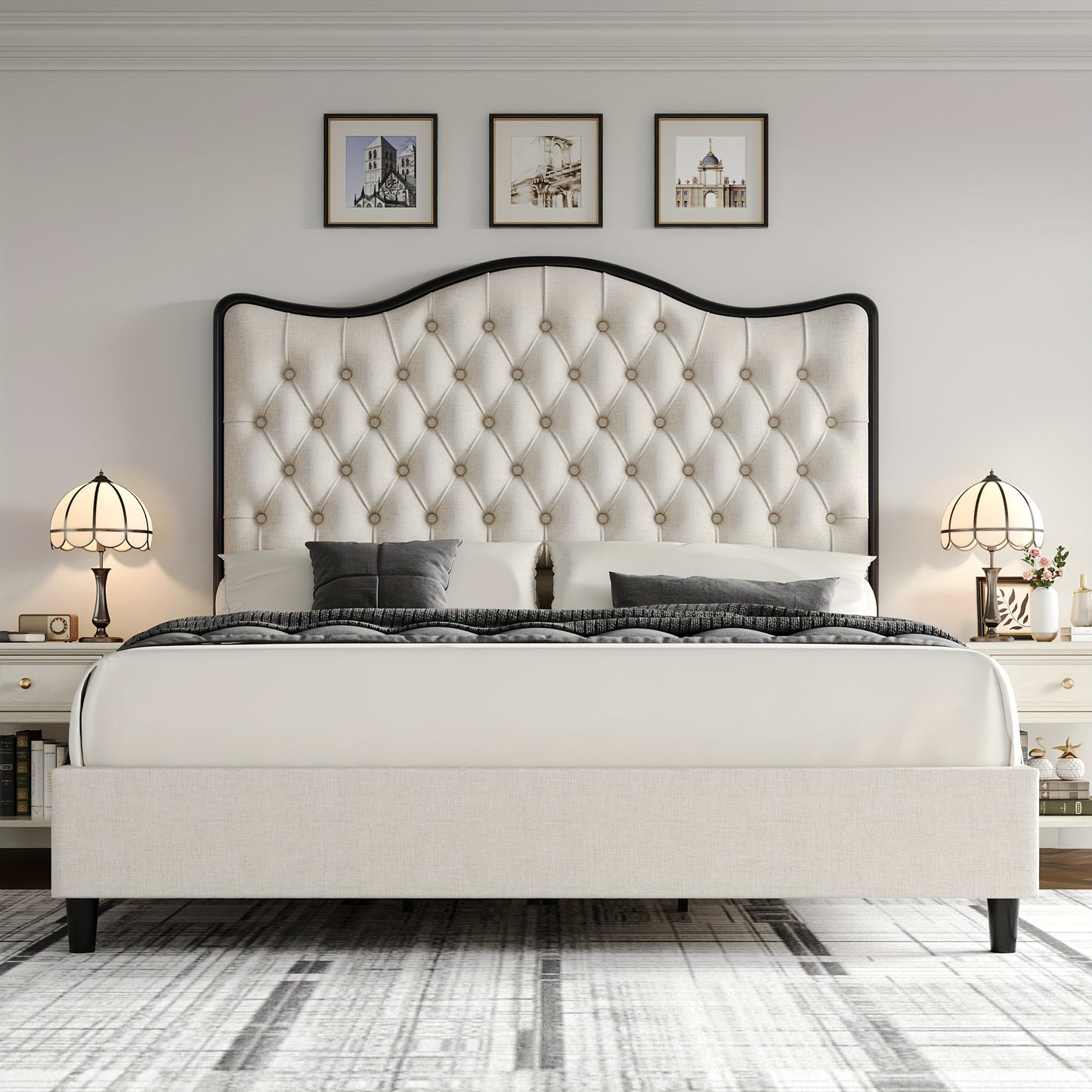 FULTRU Queen/King Size Bed Frame, 55" Tall Platform Bed with Curved Headboard, Velvet/Leather Upholstered Bed with Deep Tufted Button, Handmade Pleats, Gold/Black Metal Frame, Wooden Slats Support, No Box Spring Needed