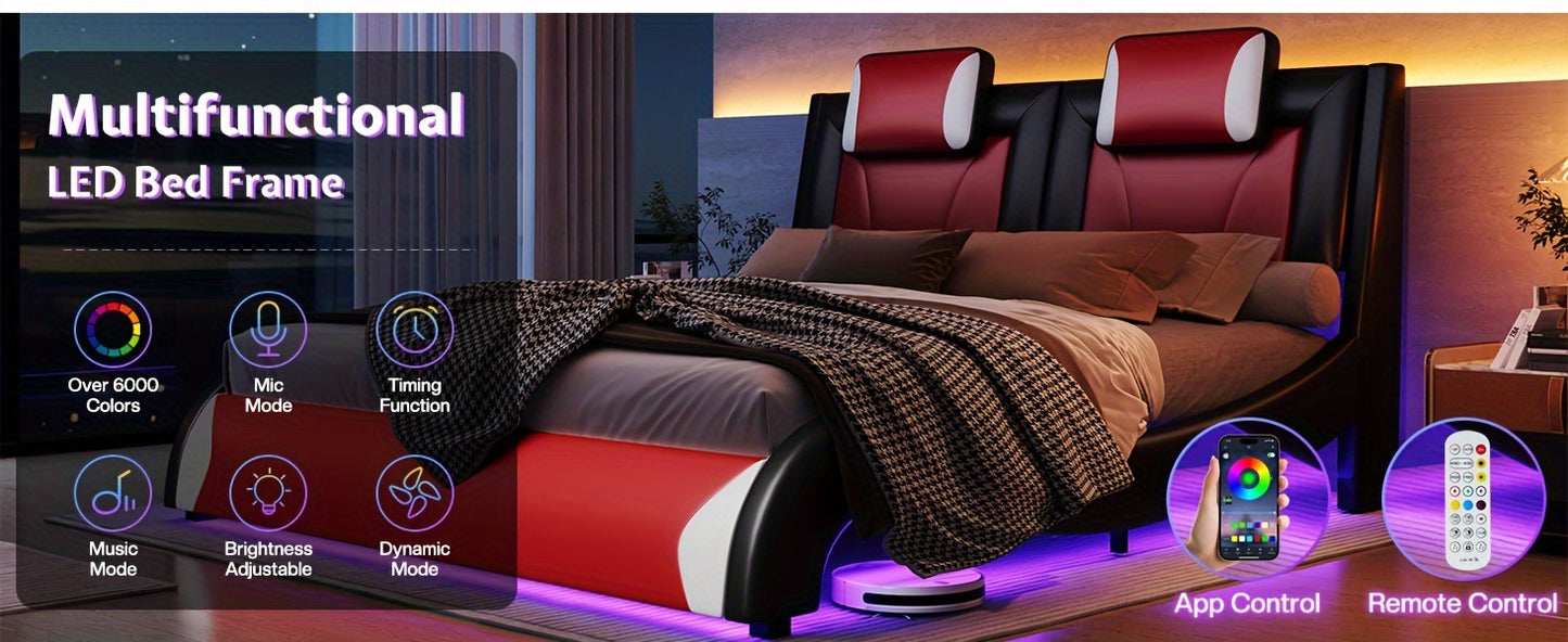 Modern Elegance Meets Functionality: PaPaJet Full Floating Bed Frame With Built-in LED Lights, Faux Leather Upholstery, & Wave-Shaped Curves, No Box Spring Required