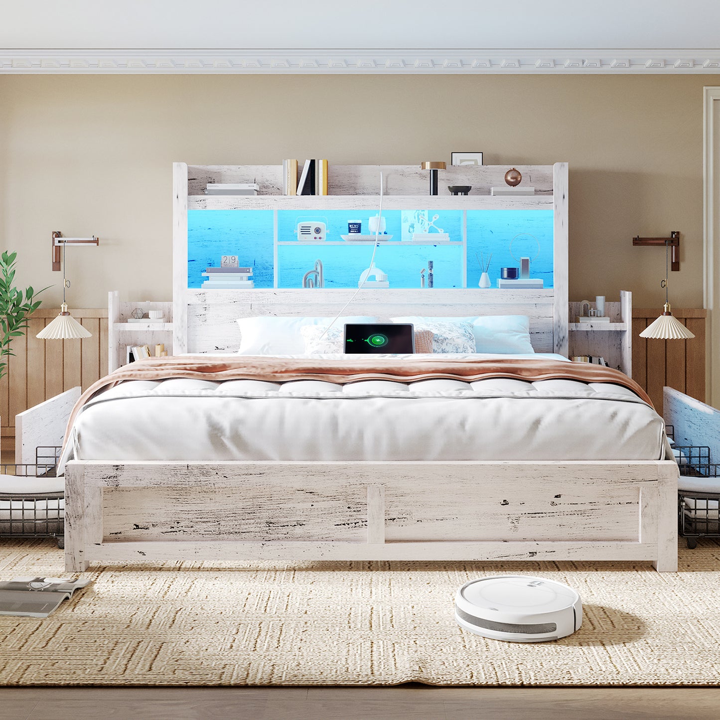 PAPABABE Bed Frame Featuring a 49.6-Inch Bookcase Headboard, Four Drawers, And Two Removable Storage Racks - a Farmhouse-Style Wooden Bed Frame Equipped with RGB LED Lights And a Charging Station, No Box Spring Required.