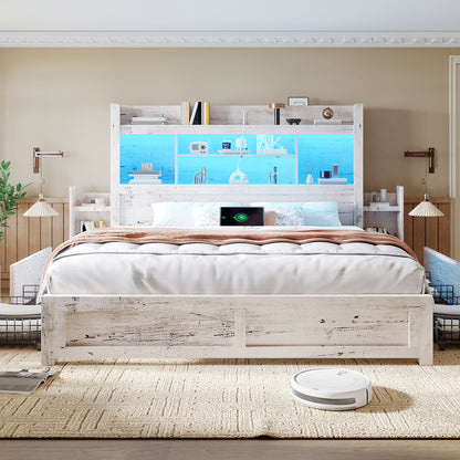 PAPABABE Bed Frame Featuring a 49.6-Inch Bookcase Headboard, Four Drawers, And Two Removable Storage Racks - a Farmhouse-Style Wooden Bed Frame Equipped with RGB LED Lights And a Charging Station, No Box Spring Required.