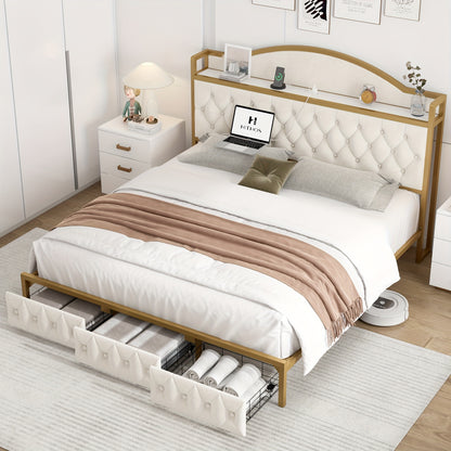 FULTRU Full/Queen/King Size Bed Frame with Storage Headboard, Platform Bed Frame with Storage Headboard, Large Storage Drawers & Charging Station, No Box Spring Needed, Noise Free (White-PU, Cream-Velvet)