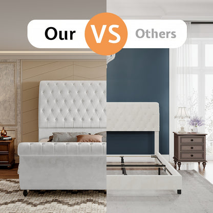 Elegant Velvet Sleigh Bed with Scrolled Headboard & Footboard - Button-Tufted, No Box Spring Needed