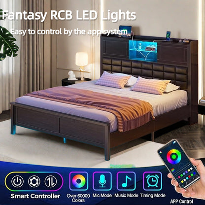 Greenstell Bed Frame Twin/Full/Queen Size with Charging Station, Bookcase Headboard Bed with LED Light and Sliding Doors, Platform Bed with Wooden Slats, No Box Spring Needed, Noise Free