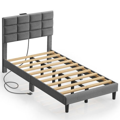 Twin/Full/Queen/King Size Platform Bed Frame with Fabric Upholstered Headboard and Wooden Slats Support, Leather Upholstered Headboard, and Built-in Charging Station, Upholstered Mattress Foundation/No Box Spring Needed/Easy