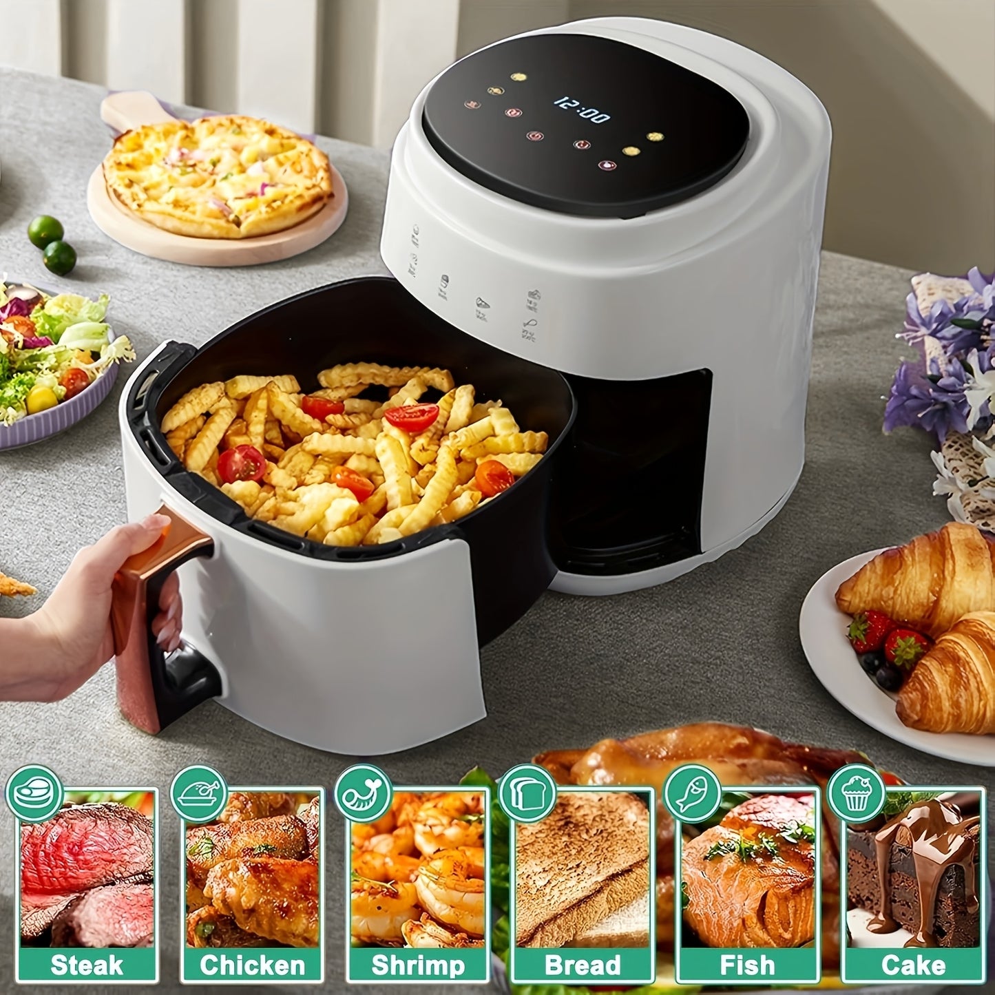 Air Fryer 8-in-1, Large 8-Quart Capacity, Touchscreen Display, Fast Turbo Modes, 90-450°C Evenly Results with Precise Temperature Control, 97% Less Oil, Nonstick & Dishwasher-Safe Basket